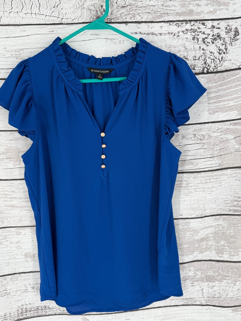 41 Hawthorn Royal Blue Ruffle Sleeve Button-Front Blouse